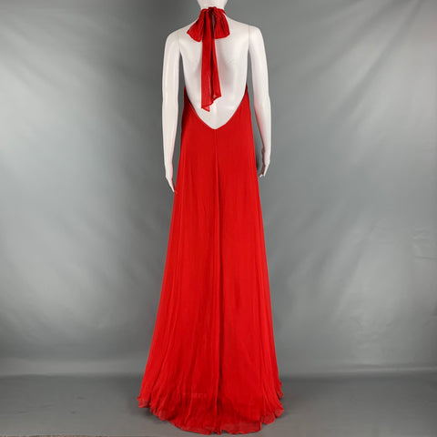 HALSTON Size 10 Red Silk Halter Long Gown