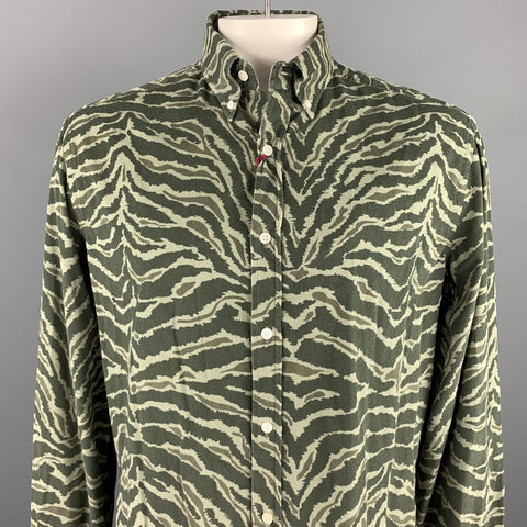 MICHAEL BASTIAN Size XXL Olive Print Cotton Button Down Long Sleeve Shirt