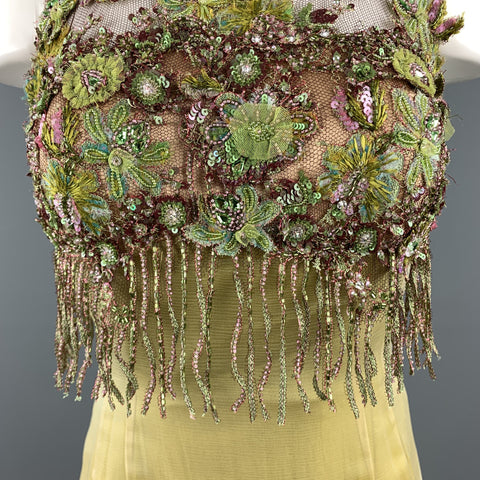 LILY SAMII Size 6 Light Green Silk Floral Beaded Lace Bustier Evening Gown