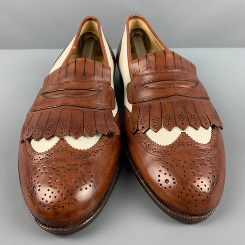 COLE HAAN Size 9.5 Brown Cream Perforated Leather Penny Loafers