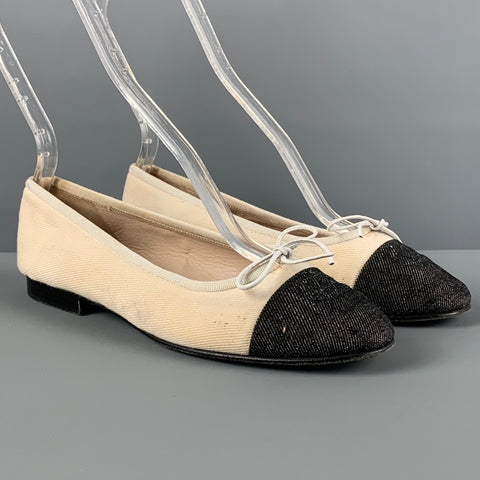 CHANEL Size 5.5 Cream Black Denim Ballet Flats