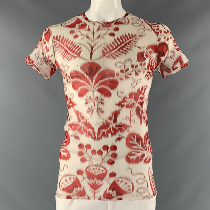 GUCCI by TOM FORD 2000 Size L Red Beige Floral Mesh Round Neck T-shirt