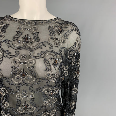 GIORGIO ARMANI Talla 4 Top de vestido de traje de cuerpo con cuentas de nailon blanco y negro