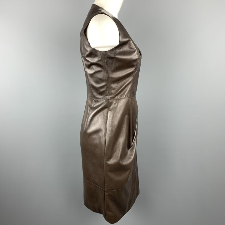 OSCAR DE LA RENTA Size 4 Brown Leather Draped Sleeveless Wrap Dress