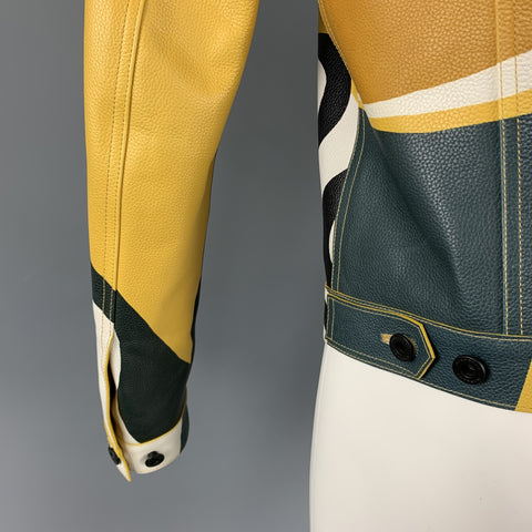 BURBERRY PRORSUM Spring 2015 Size 38 Antique Yellow Book Cover Print Leather Buttoned Jacket