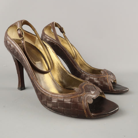 BOTTEGA VENETA Talla 6.5 Zapatos de tacón peep toe de cuero Intrecciato tejido marrón 