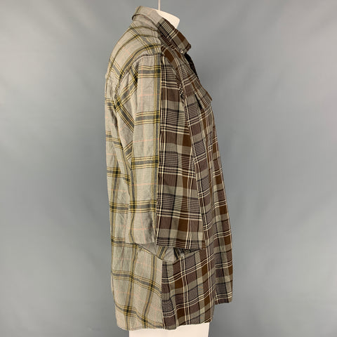 UNDERCOVER Size XL Brown & Olive Checkered Cotton Reverse Seams Short Sleeve Shirt