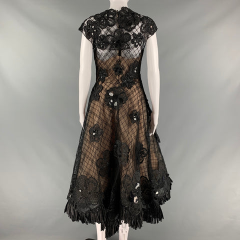 OSCAR DE LA RENTA Size 4 Black Nude Polyamide Embroidered Cocktail Dress