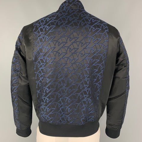 EMPORIO ARMANI Size 42 Black Blue Monogram Jacquard Satin Polyester Cotton Jacket