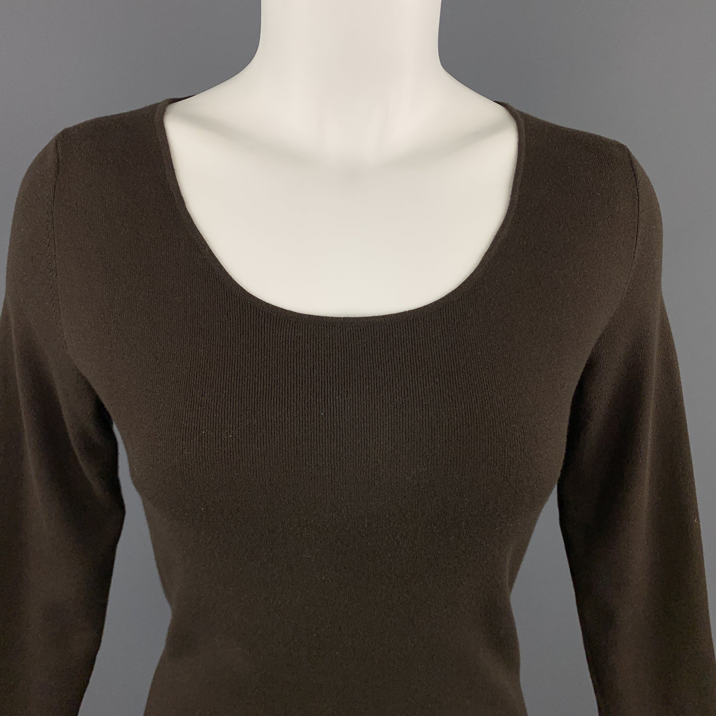 LORO PIANA Size 6 Brown Cotton / Elastane Scoop Neck 3/4 Sleeve Pullover