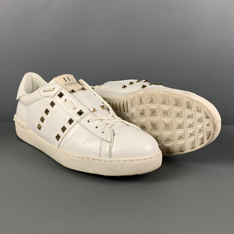 VALENTINO Size 11 White Studded Leather Lace Up Rockstud Sneakers