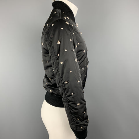 SANDRO Size XS Black Silver Tone Star Studded Nylon Bomber Flight Jacket