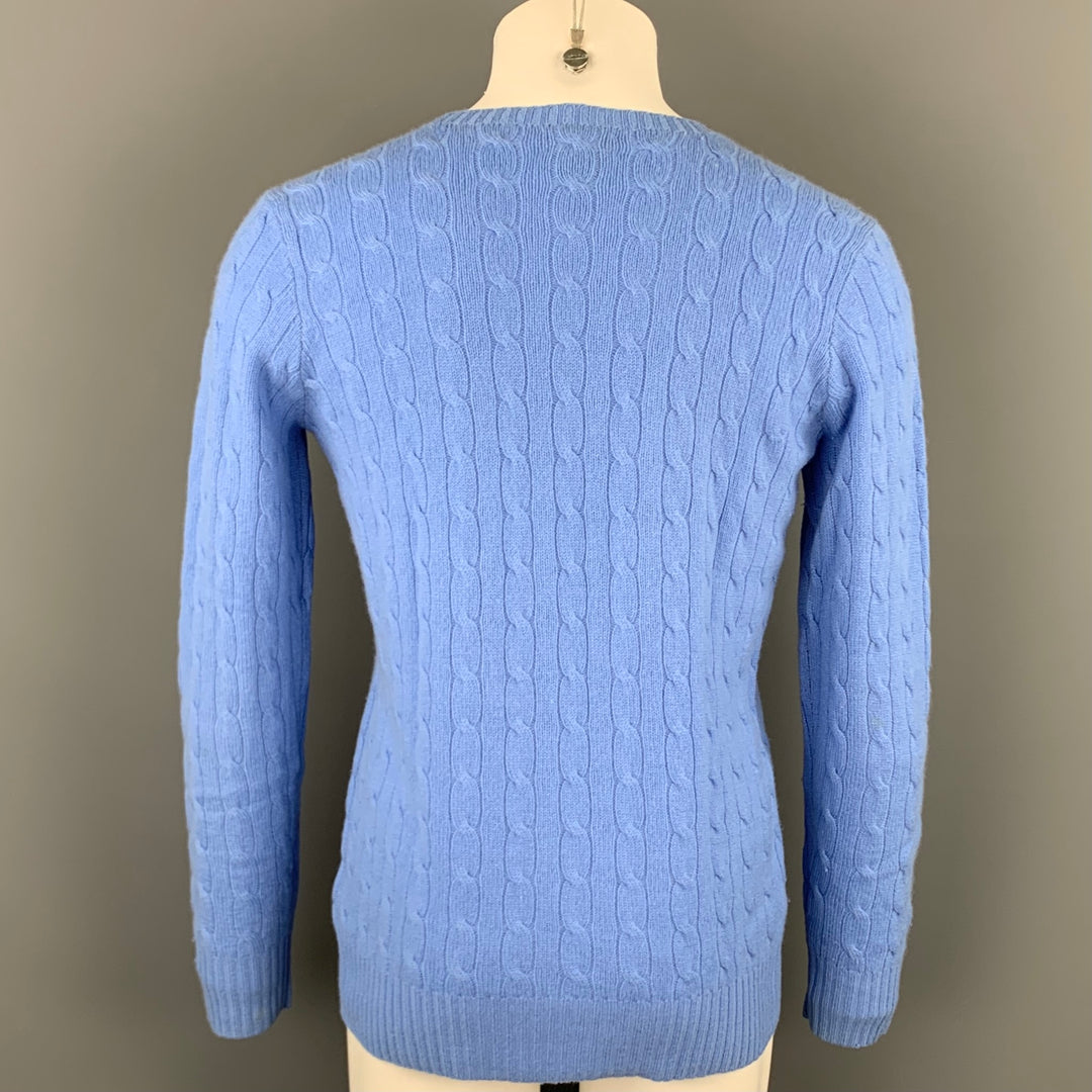 RALPH LAUREN Size S Blue Cable Knit Cashmere Crew-Neck Sweater