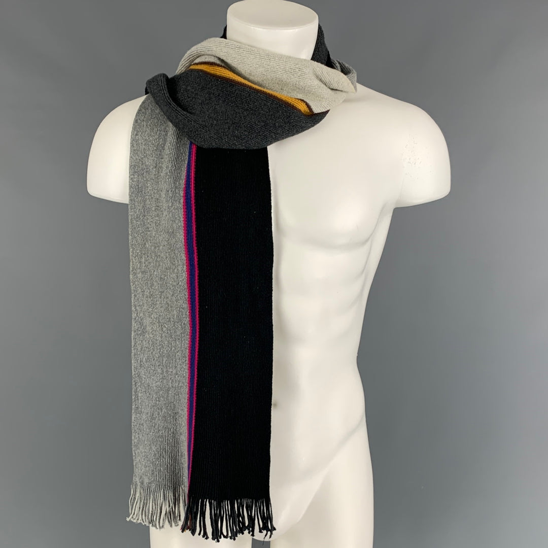 PAUL SMITH Grey Charcoal Knitted Stripe Cotton Scarf