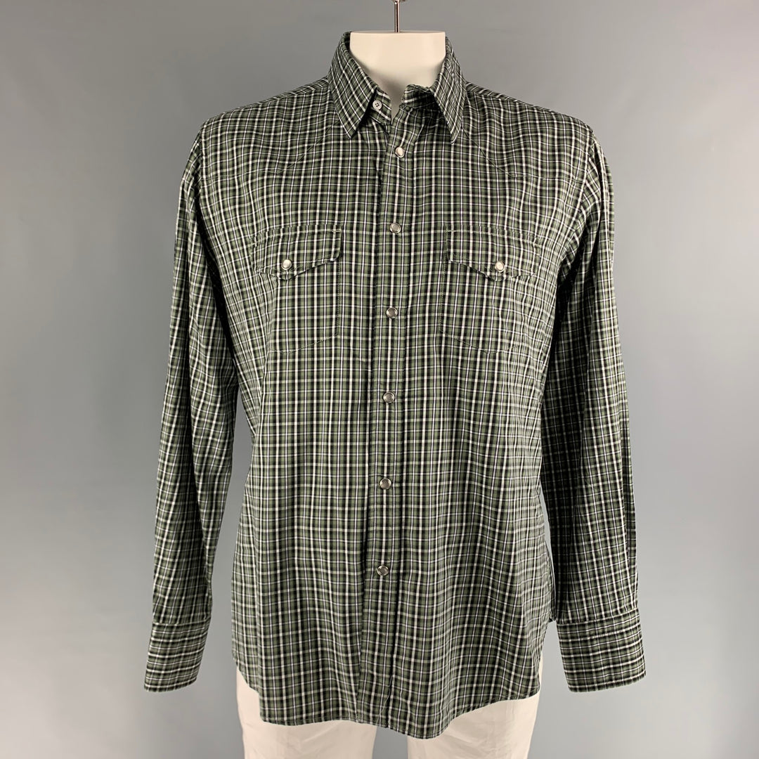 TOM FORD Size XXL Green Black & White Checkered Cotton Western Long Sleeve Shirt
