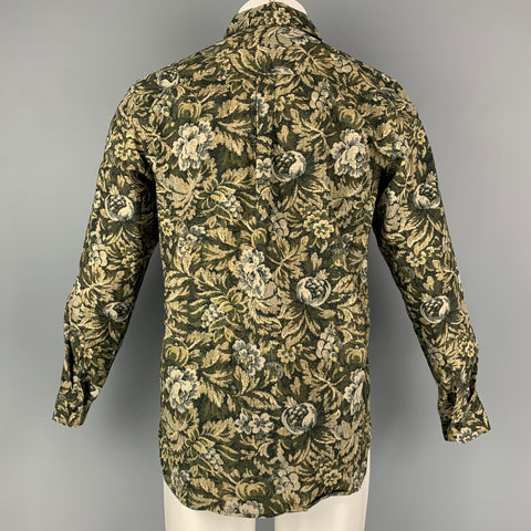 UNIS Size X-Small Green Olive Floral Cotton Long Sleeve Shirt