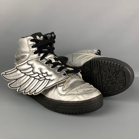 ADIDAS x JEREMY SCOTT Size 9 Silver Black Leather Metallic Wing Sneakers