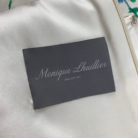 MONIQUE LHUILLIER Size 6 Cream Blue Green Silk Sequined Cocktail Dress