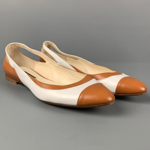 RALPH LAUREN Size 8 Tan White Leather Cap Toe Flats