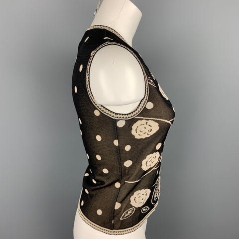 CHANEL Talla 8 Chaleco con cuello en V de viscosa floral de punto negro y crema