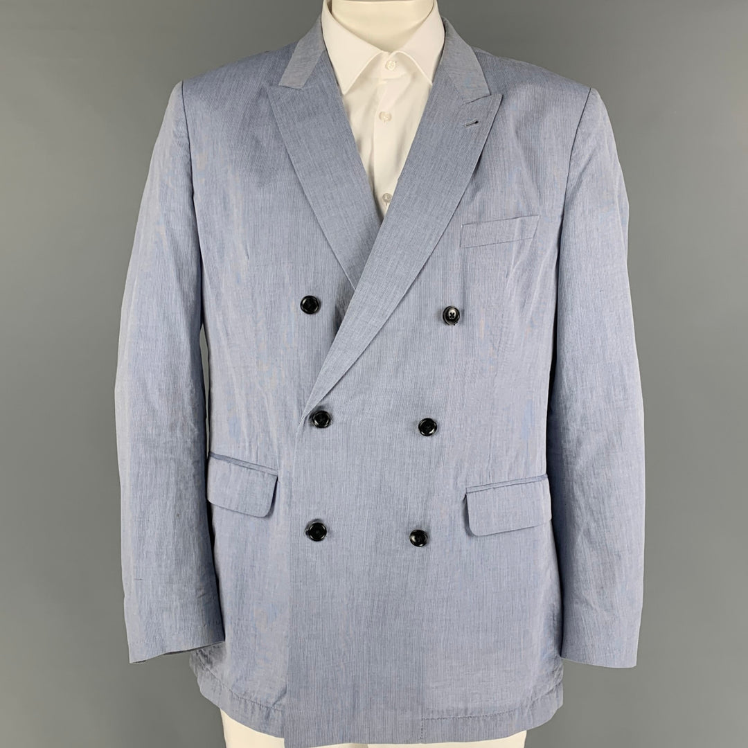 DRIES VAN NOTEN Size 46 Blue Pinstripe Cotton Double Breasted Sport Coat