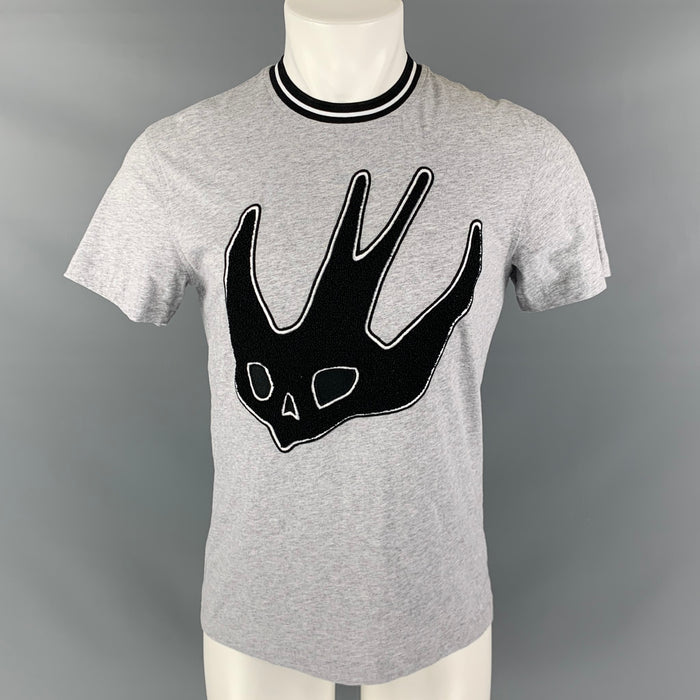 ALEXANDER MCQUEEN Size M Grey Black Applique Cotton Short Sleeve T-shirt