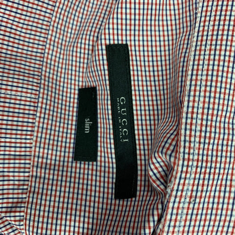 GUCCI Size XL Red & White Checkered Poplin Slim Fit Long Sleeve Shirt
