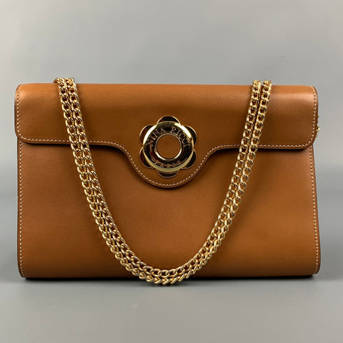Vintage NINA RICCI Tan & Gold Contrast Stitch Leather Clutch Handbag