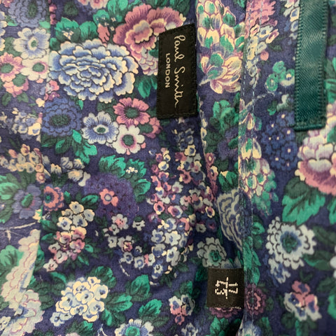 PAUL SMITH Size XL Blue & Green Floral Cotton Button Up Long Sleeve Shirt