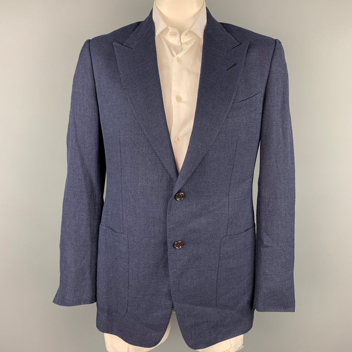 TOM FORD Size 42 Navy Woven Linen Blend Peak Lapel Sport Coat