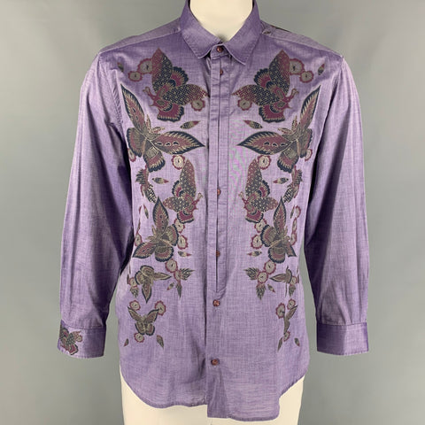 JUST CAVALLI Size XXL Purple Print Cotton Button Up Long Sleeve Shirt