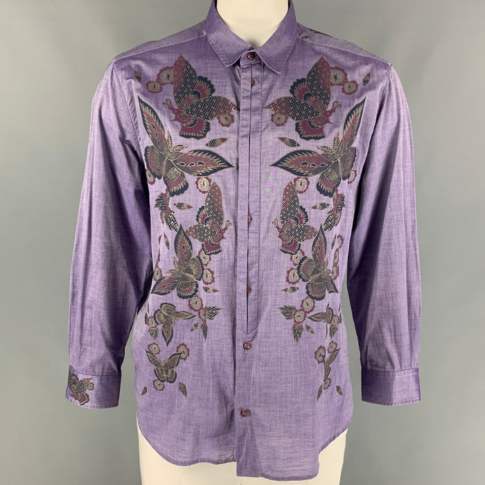 JUST CAVALLI Size XXL Purple Print Cotton Button Up Long Sleeve Shirt