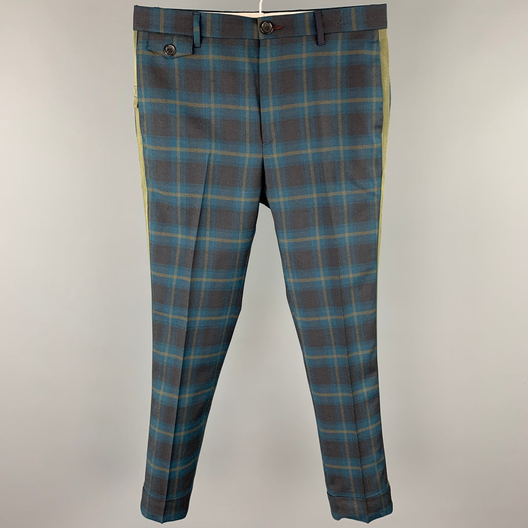 PAUL SMITH Taille 30 Pantalon habillé en laine à carreaux vert et bleu Zip Fly