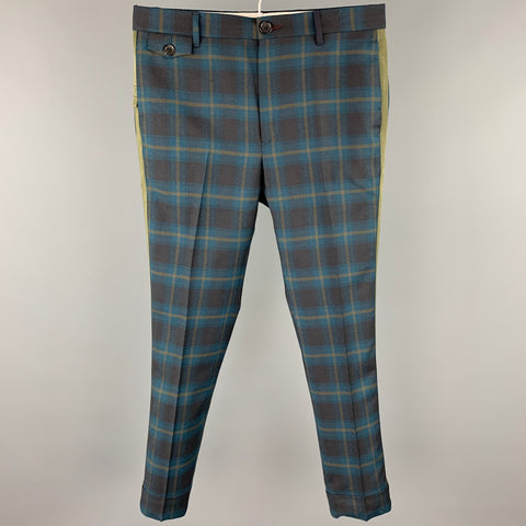 PAUL SMITH Size 30 Green & Blue Plaid Wool Zip Fly Dress Pants