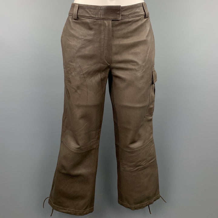 PRANDINA Taille 6 Pantalon décontracté court en cuir taupe avec cordon de serrage