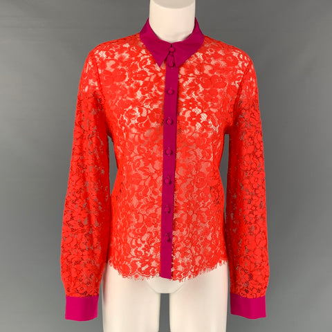 ROBERTO CAVALLI Talla 4 Camisa con botones en mezcla de algodón con encaje fucsia y naranja