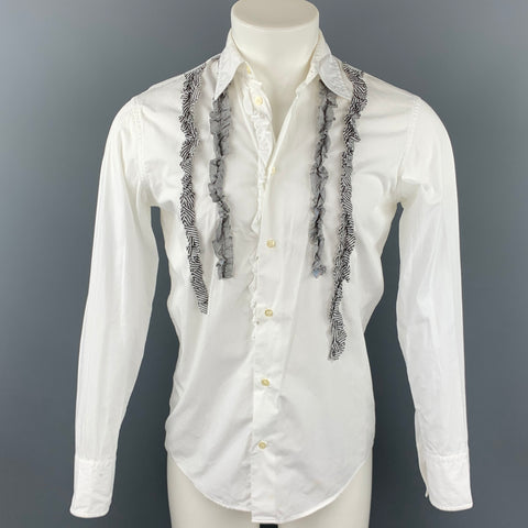 ALESSANDRO GHERARDI Slim Line Size M White Ruffled Cotton Button Up Long Sleeve Shirt