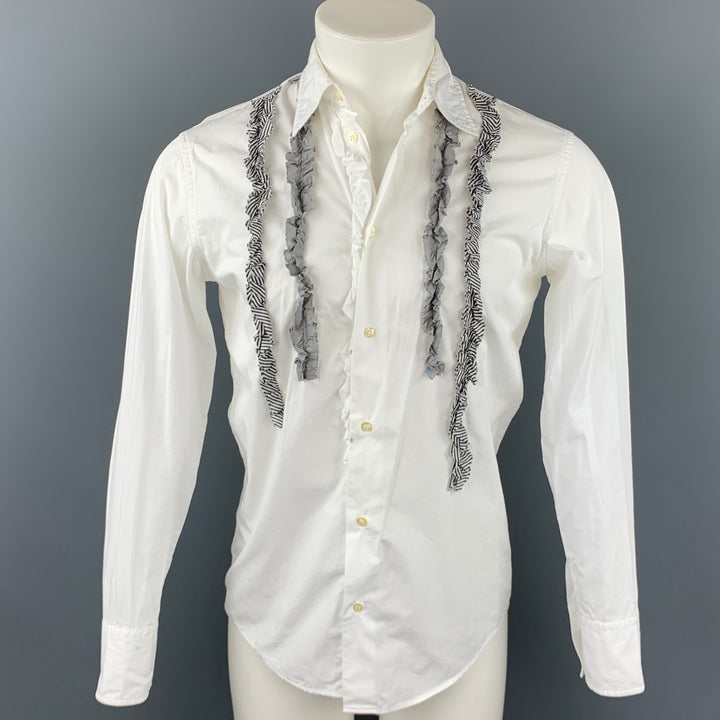 ALESSANDRO GHERARDI Slim Line Talla M Camisa blanca de manga larga con botones de algodón con volantes