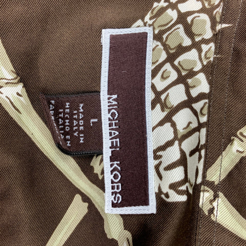 MICHAEL KORS Size L Brown & White Print Silk Button Up Long Sleeve Shirt