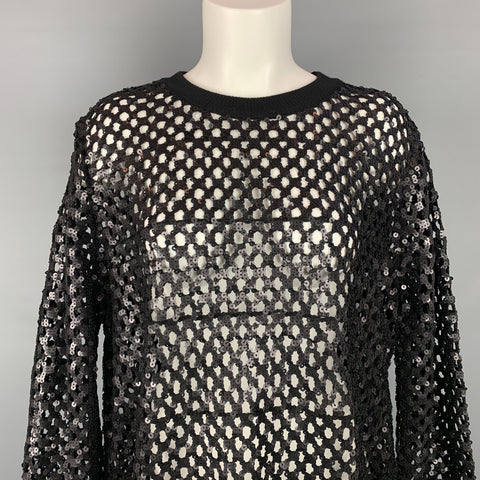 TORY BURCH Taille L Noir Voir à travers le pull à col rond en maille pailletée