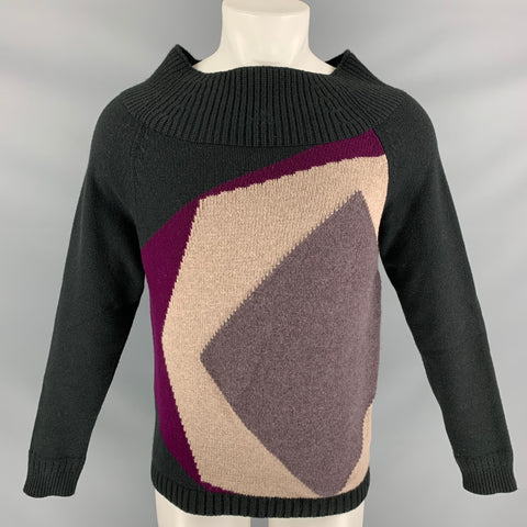 BURBERRY PRORSUM by Christopher Bailey Fall 2012 Size M Multi-Color & Green Geometric Cashmere Pullover Cowl Neck Sweater