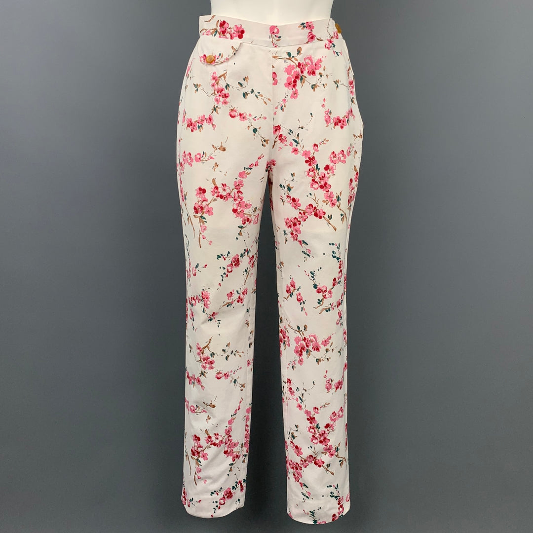 VIVIENNE WESTWOOD Size 8 White & Pink Floral Cotton Casual Pants