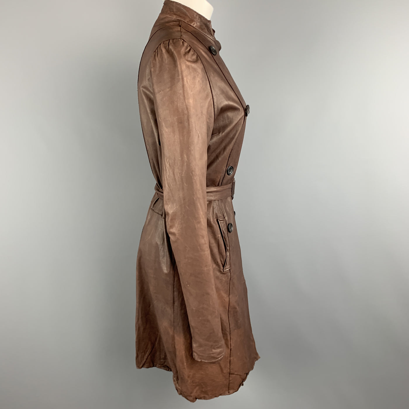 SISII Size M Brown Distressed LeatherDouble Breasted Puff Sleeve Coat