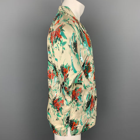 DRIES VAN NOTEN S/S 20 Size XS Beige & Green Beaded Viscose Camp Short Sleeve Shirt