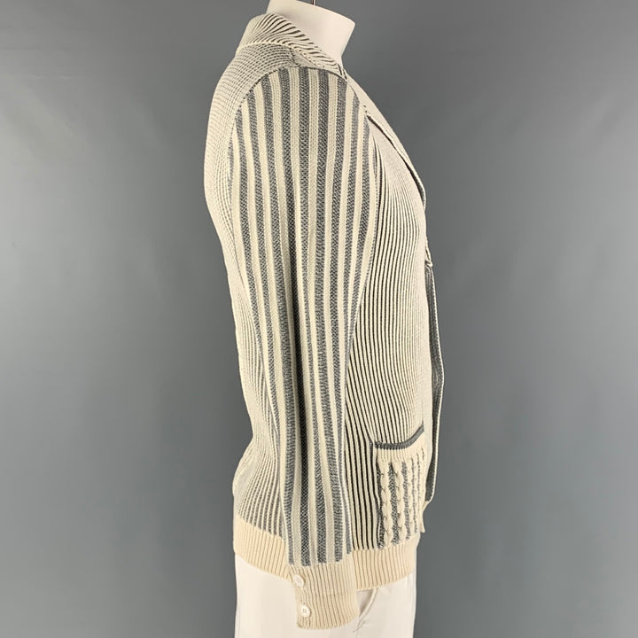 THOM BROWNE Size M/L Cream Grey Stripe Knit Button Up Cardigan