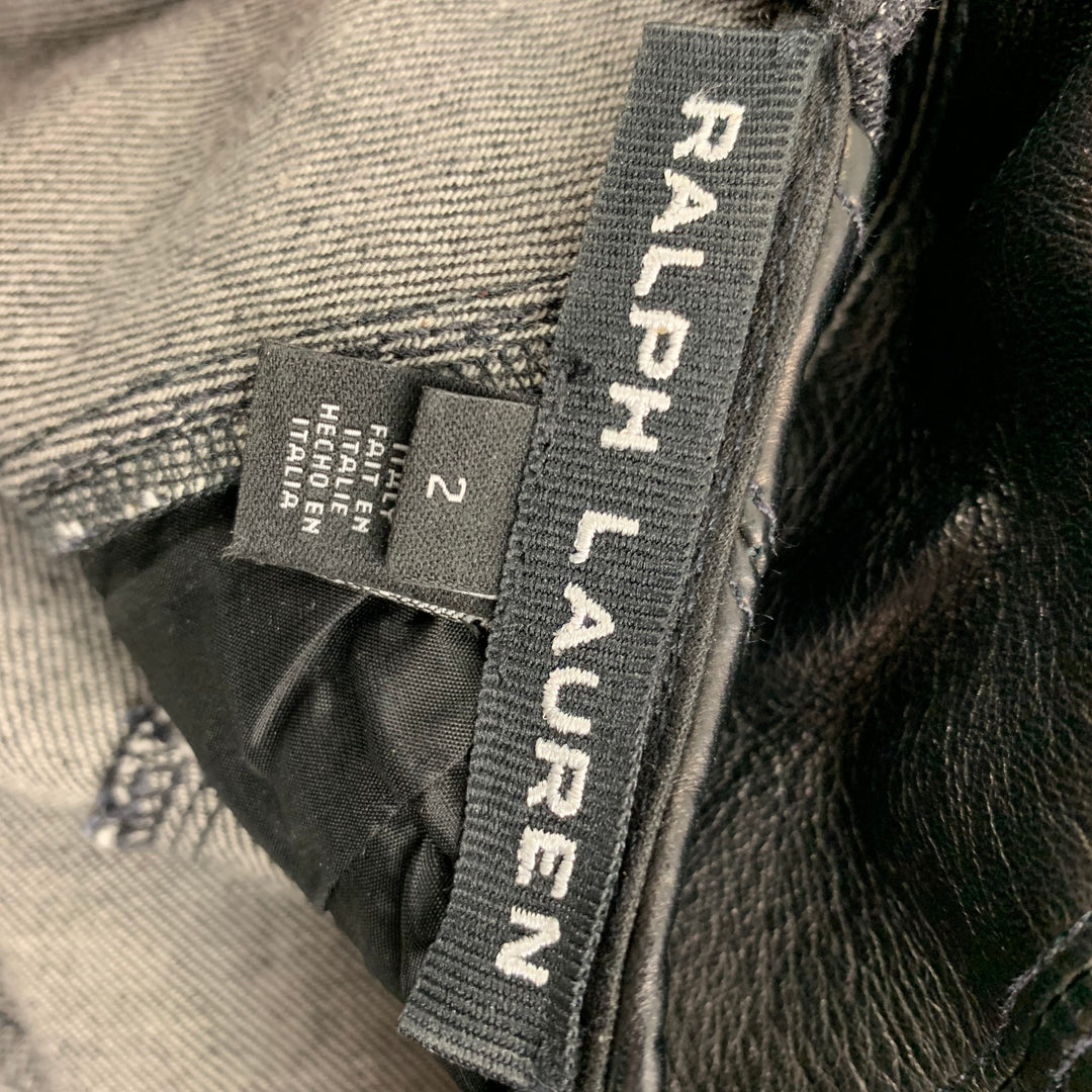 RALPH LAUREN Black Label Size 2 Black Mixed Fabrics Lamb Skin Short Sleeve Dress