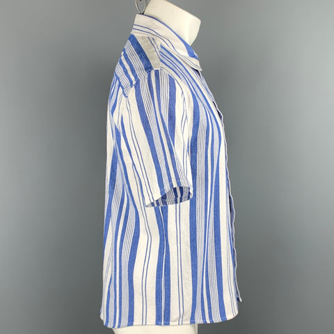 A.P.C. Size XL Blue & White Stripe Button Up Short Sleeve Shirt