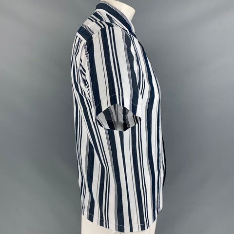 THEORY Size XL White &  Navy Stripe Button Down Short Sleeve Shirt