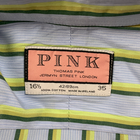 THOMAS PINK Size L Light Blue Green Stripe Cotton French Cuff Long Sleeve Shirt