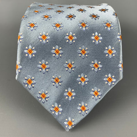 ERMENEGILDO ZEGNA Blue Orange Abstract Floral Silk Satin Tie